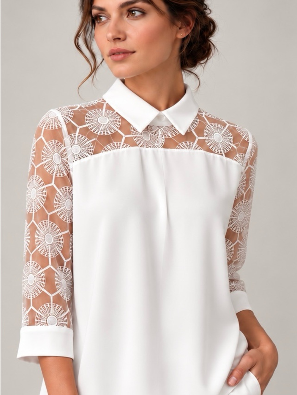 Anne Fontaine “Alba” White Lace 3/4 Sleeve Blouse — NWT